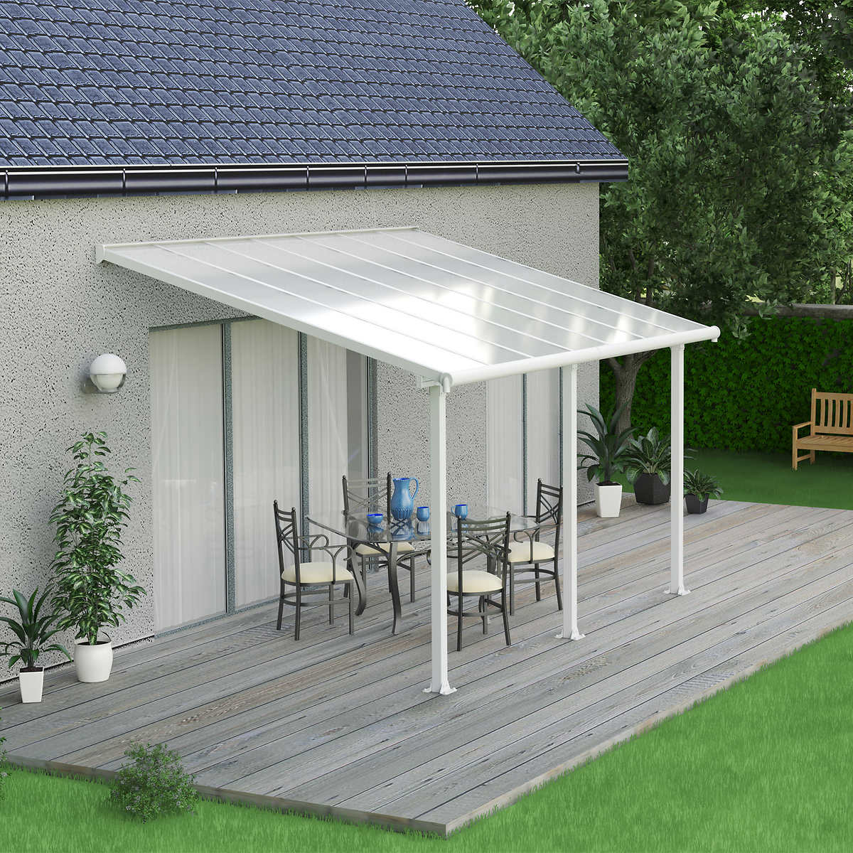 Retractable awning opened out over seating area on deck