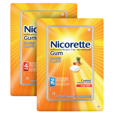 Nicorette Quit Smoking Aid 2mg or 4mg, Fruit Chill Gum, 200 Pieces Nicorette Quit Smoking Aid 2mg or 4mg, Fruit Chill Gum, 200 Pieces