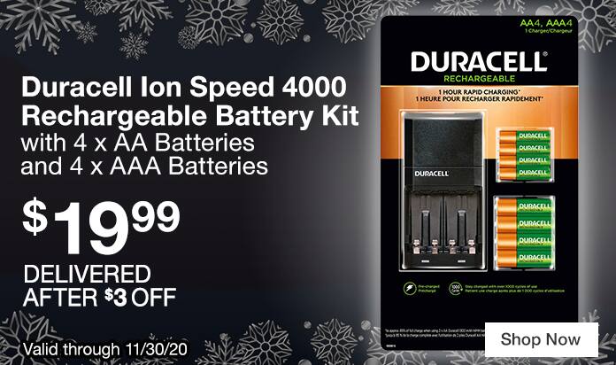 Duracell Ion Speed 4000 Rechargeable Battery Kit with 4 x AA Batteries and 4 x AAA Batteries $19.99 Delivered After $3 OFF Valid through 11/15/20 Shop Now