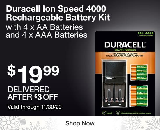 Duracell Ion Speed 4000 Rechargeable Battery Kit with 4 x AA Batteries and 4 x AAA Batteries $19.99 Delivered After $3 OFF Valid through 11/15/20 Shop Now