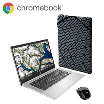 HP 14-inch Chromebook Bundle with Intel Processor, 4GB Memory, 64GB Storage, Bonus Sleeve and Wireless Mouse