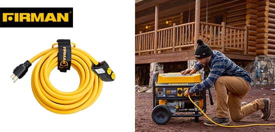 FIRMAN 25’ Heavy Duty Generator Power Cord L14-30P to 4 x 5-20R with Storage Strap