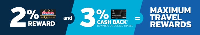 Executive Members earn an annual 2% Reward. In addition earn 3% cash back rewards on Costco Travel purchases when you use the Costco Anywhere Visa Card by Citi