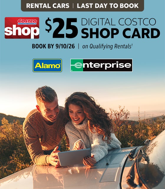 rental cars last day to book $25 digital costco shop card book by 9/10/26 on qualifying rentals alamo enterprise
