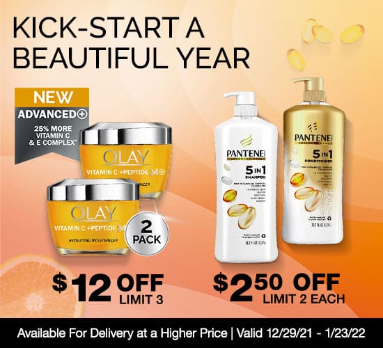 Kick-Start a beautiful year. $12 OFF Olay Advanced Vitamin c + Peptide 24 Face Moisturizer or $2.50 OFF Pantene Advanced Care 5 in 1 Shampoo or Conditioner. Limit 3 Each. Available for Delivery at a higher price. Valid 12/29/21 - 1/23/22.