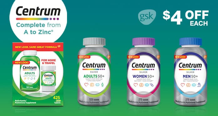 Centrum Keep your wellness routine goign. $4 OFF Adult Multivitaim, Silver Adult 50+ Multivitamin, Silver Women 50+ Multivitamin or Silver Men 50+ Multivitamin.