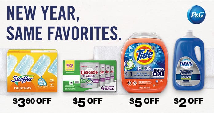 New Year, Same Favorites. $3.60 OFF Swiffer Dusters Dusting Kit, $2 OFF Dawn Platinum Dish Soap and $5 OFF Tide Pods with Ultra Oxi HE Laundry Detergent or Cascade Platinum ActionPacs Dishwasher Detergent.