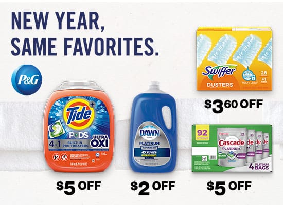 New Year, Same Favorites. $3.60 OFF Swiffer Dusters Dusting Kit, $2 OFF Dawn Platinum Dish Soap and $5 OFF Tide Pods with Ultra Oxi HE Laundry Detergent or Cascade Platinum ActionPacs Dishwasher Detergent.