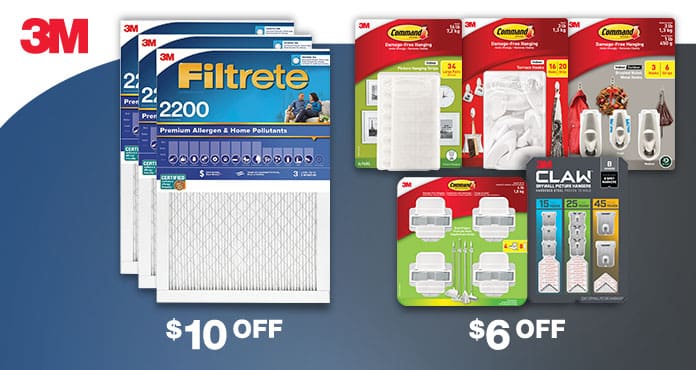 3M. $10 OFF Filtrete premium allergen and home pollutants air filters. $6 OFF Command picture hanging strips, terrace hooks, metal hooks, broom grippers and/or Claw drywall picture hangars.
