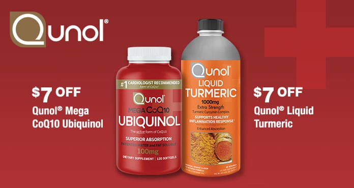 $7 OFF Qunol mega CoQ10 Ubiquinol or Liquid Turmeric.