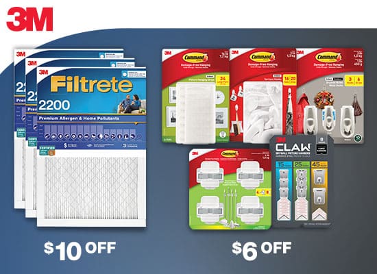 3M. $10 OFF Filtrete premium allergen and home pollutants air filters. $6 OFF Command picture hanging strips, terrace hooks, metal hooks, broom grippers and/or Claw drywall picture hangars.