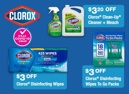 $3.20 OFF Clorox clean-up cleaner + bleach, $3 OFF Clorox disinfecting wipes and/or to go packs. Clorox Kills Sars-CoV-2 on hard, nonporus surfaces. Use as Directed.