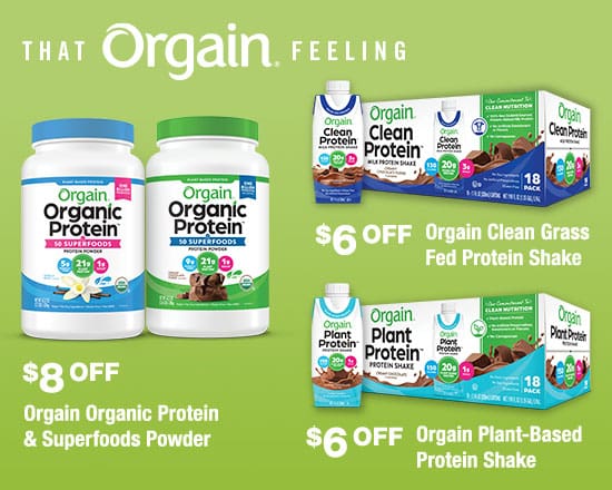 That Orgain Feeling. $8 OFF Orgain organic protein & superfood powder and $6 OFF Orgain clean Grass Fed Progein Shakes.