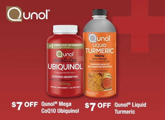 $7 OFF Qunol mega CoQ10 Ubiquinol or Liquid Turmeric.