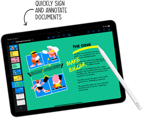 Apple Pencil annotating handwritten notes within a Keynote document on iPad. Annotation pointing to iPad reading "Quickly sign and annotate documents"