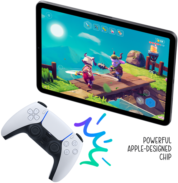 Game controller wirelessly connected to iPad. Annotation to iPad reading “Powerful Apple-designed chip”