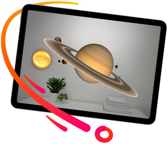 iPad screen showing an AR solar system inside a room.