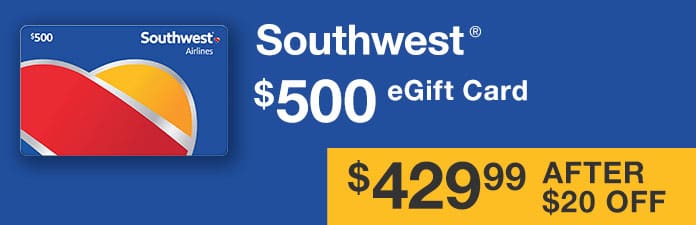 Southwest Airlines $500 eGift Card, $429.99 After $20 OFF e-Delivery, limit 5