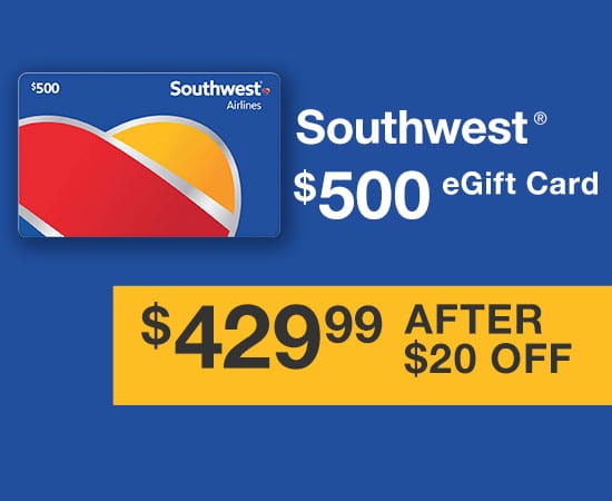 Southwest Airlines $500 eGift Card, $429.99 After $20 OFF e-Delivery, limit 5