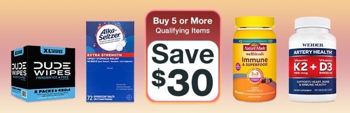 Buy 5 or more qualifying items save $30