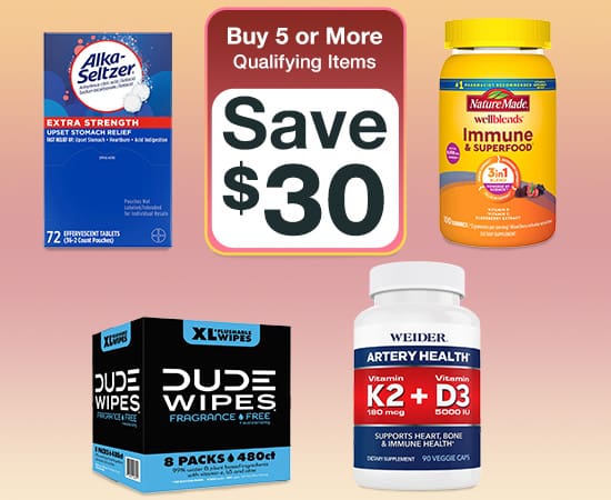 Buy 5 or more qualifying items save $30