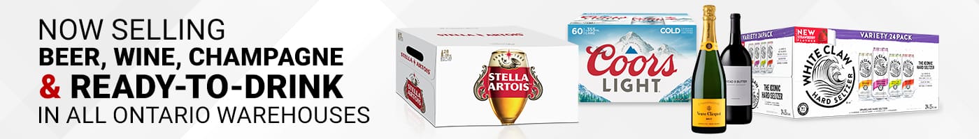 Now selling beer,wine, champagne & ready-to-drink in all Ontario warehouses.