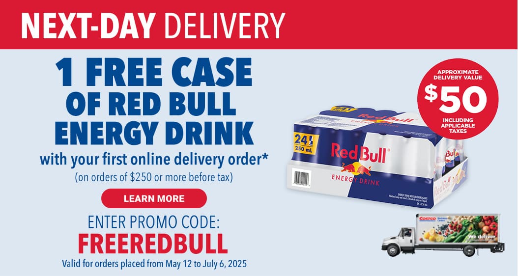 NEXT-DAY DELIVERY

1 FREE CASE OF REDBULL ENERGY DRINK
with your first online delivery order*
(on orders of $250 or more before tax)

LEARN MORE 
ENTER PROMO CODE :
FREEREDBULL
Valid for orders placed from May 12 to July 6, 2025