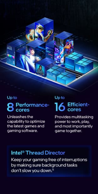 Up to 8
Performance-cores
Unleashes the capability to optimize the latest games and gaming software.
Up to 16
Efficient-cores
Provides multitasking power to work, play, and most importantly game together.
Intel® Thread Director
Keep your gaming free of interruptions by making sure background tasks don’t slow you down.1