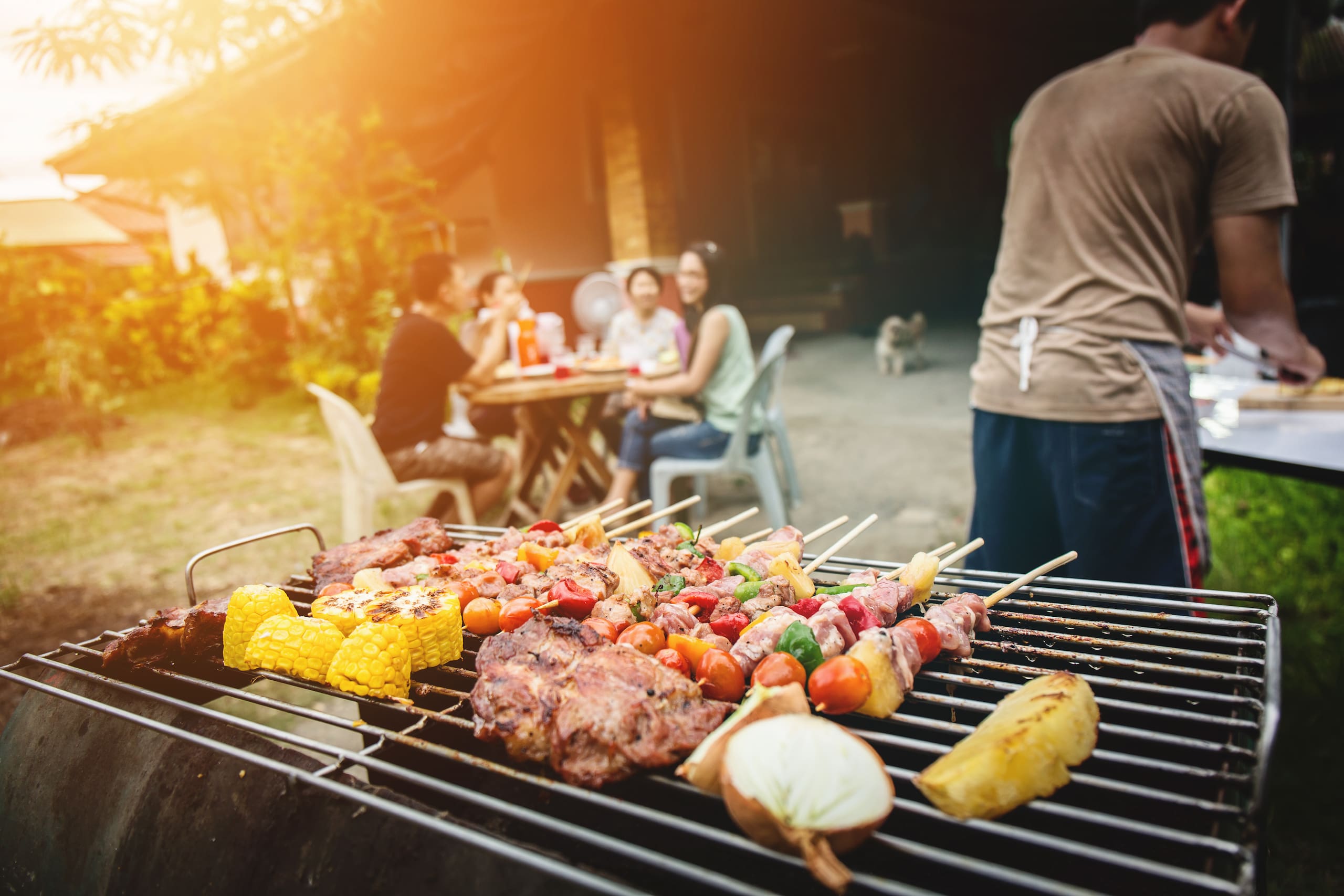 Meat and vegetable skewers on the barbecue