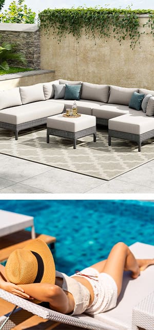 Patio furniture scene, Woman lounging by pool