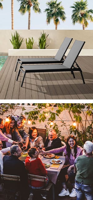 Lounging furniture next to a pool, Outdoor dining scene