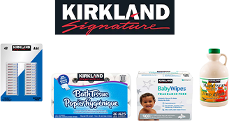 Kirkland Signature. Batteries, Bath Tissue, baby wipes and Maple syrup.