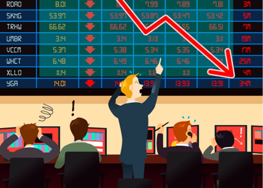 illustrated man looking at stock exchange going down