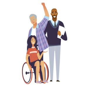 illustration a person in a wheelchair with two other people