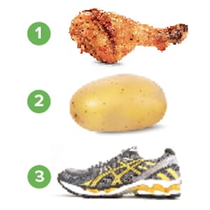 a drumstick, potato and a tennis shoe