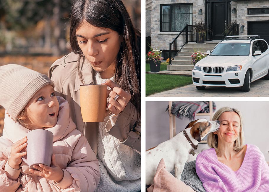 women, child, cat, dog and a car