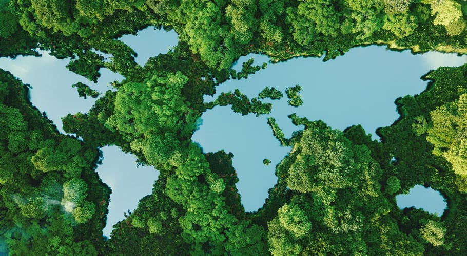 map of the world made up of trees and water