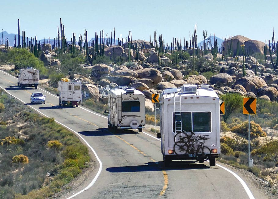 RVs on Highway 1 southbound near Cataviña, Baja California.