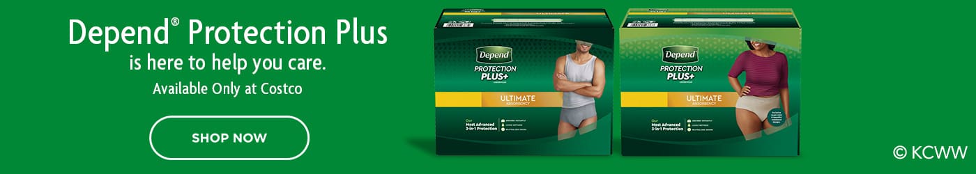 Green-themed Depend Protection Plus ad, showcasing product packaging for both men and women.