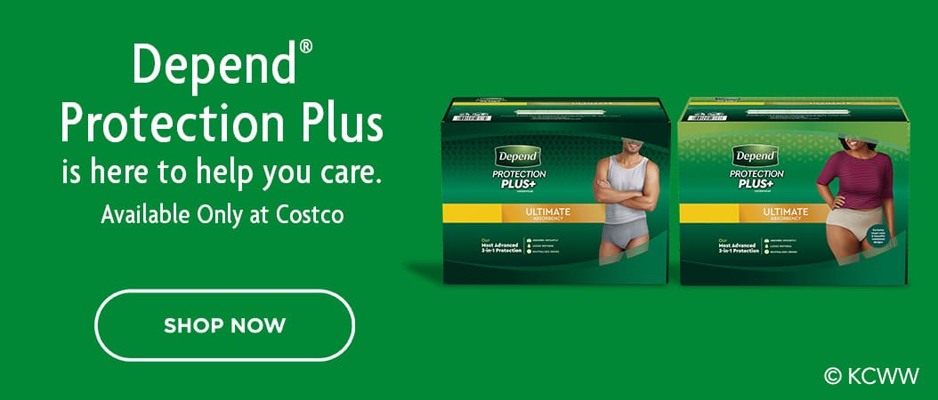 Green-themed Depend Protection Plus ad, showcasing product packaging for both men and women.