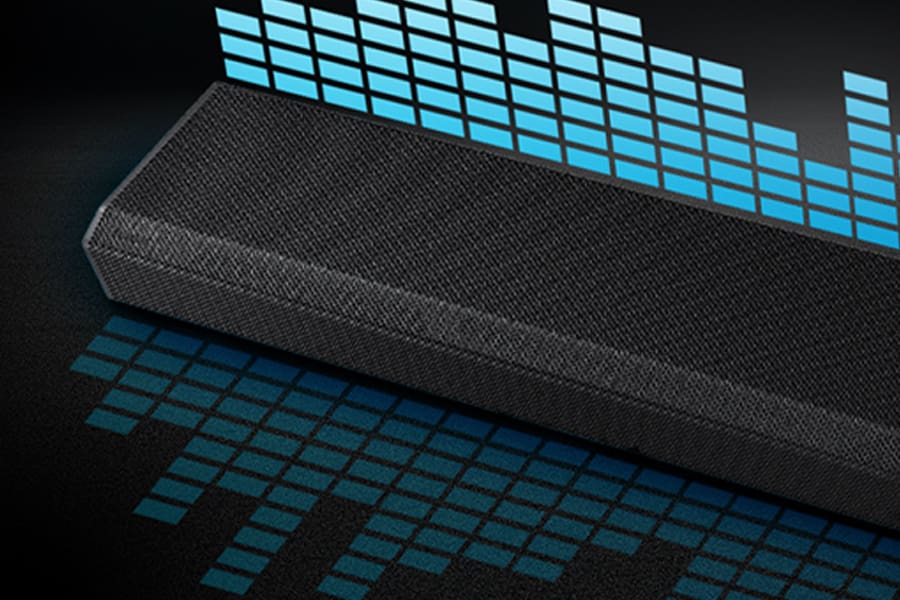 Samsung Soundbar against a black background with blue, digital sound-levels meter graphic.