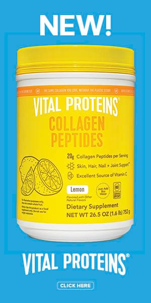 New! Lemon flavored collagen peptides. Vital Protiens logo Click here