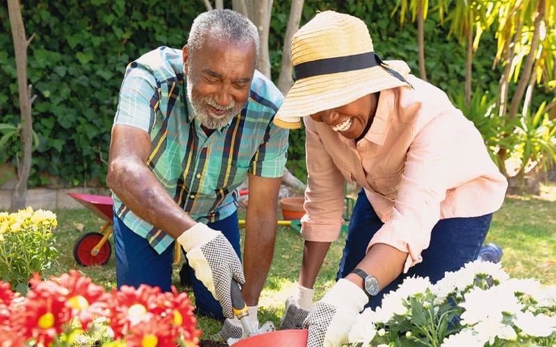 man and woman working a flower garden