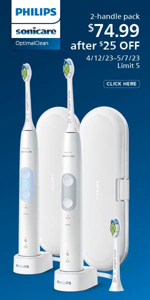 Philips Sonicare OptimalClean. 2-handle pack. $74.99 after $25 off. 4/12/23-5/7/23 | Limit 5. Click here