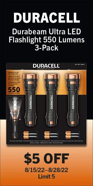 Duracell durabeam ultra LED flashlight 550 lumens 3-pack. $5 off. 8/3/22-8/28/22 Limit 15