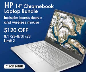 HP 14 inch chromebook laptop bundle. Includes bonus sleeve and wireless mouse. $120 off. 8/1/23-8/30/23 | limit 2. Click here