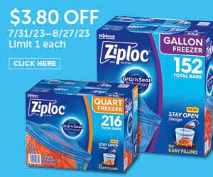 Ziploc gallon and quart size bags. $3.80 off. 7/31/23-8/27/23 | Limit 1 each. Click here