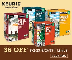 Keurig logo. Kirkland signature coffee pods. $6 off. 8/2/23-8/27/23 | Limit 5. Click here