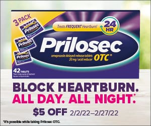 Prilosec. Block heartburn. Al day. All night. $5 OFF