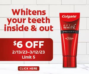 Whitens your teeth inside & out. Colgate optic white toothpaste. $6 off. 2/13/23-3/12/23 | Limit 5. Click here